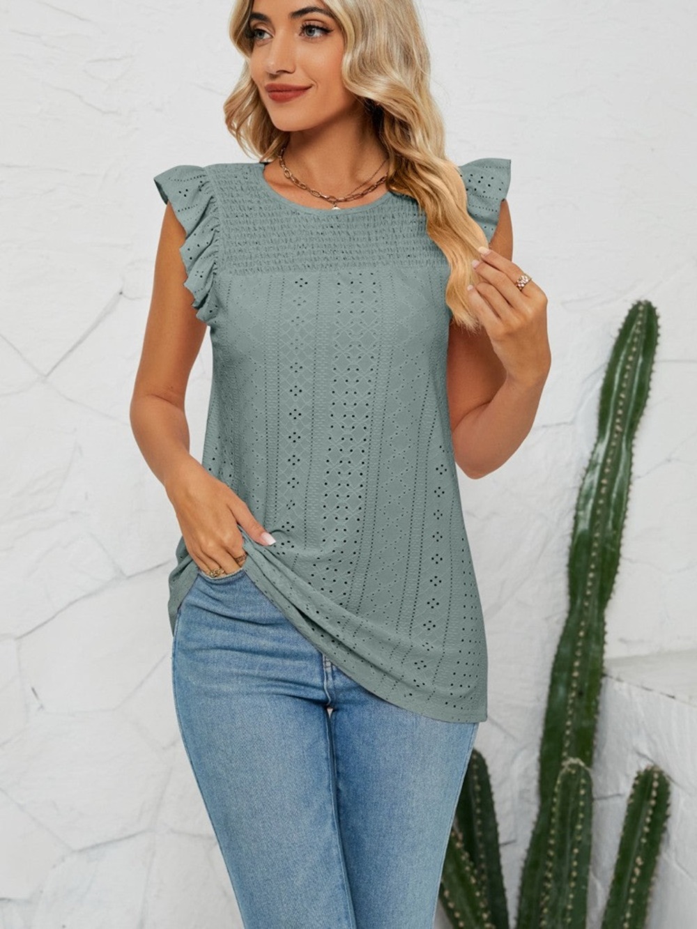 NWT Sleeveless Eyelet Ruffle Tank Top in Sage Green